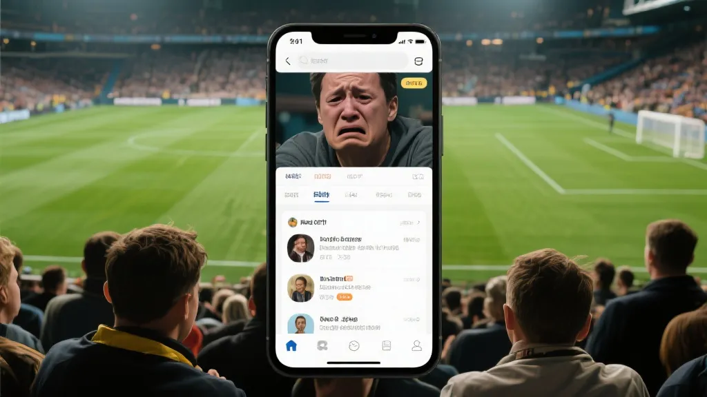 手机屏幕上的预测信息流与球场画面叠加，象征球迷在观赛与信息之间的拉扯